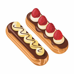 This image features two beautifully crafted éclairs, one adorned with chocolate and cream, the other topped with strawberries, offering a delightful dessert experience.