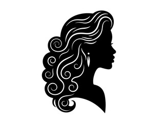 Black silhouette of a woman's profile with elegant, curly, and voluminous hair, adorned with a dangling earring, against a white background.