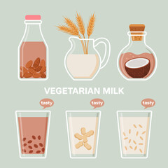 An assortment of vegetarian milk types is displayed creatively, emphasizing healthy choices and sustainable living, suitable for diverse dietary preferences and plant-based lifestyles.