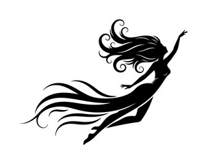 Elegant black silhouette of a woman with long flowing hair and dress, gracefully floating or flying with an arm raised.