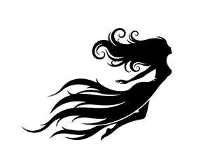Black silhouette of a woman with long flowing hair and dress, appearing to float or fly, against a white background, evoking a sense of freedom and fantasy.