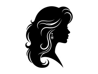 A black silhouette of a woman's profile with long wavy hair and a sparkling earring.