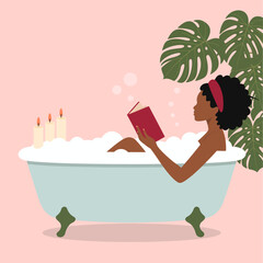 A serene scene of a woman relaxing in a bubbly bath surrounded by candles and green plants, enjoying her favorite book and creating a peaceful ambiance for tranquility.
