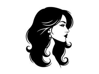 Elegant black and white silhouette of a woman's profile with long wavy hair and an earring.