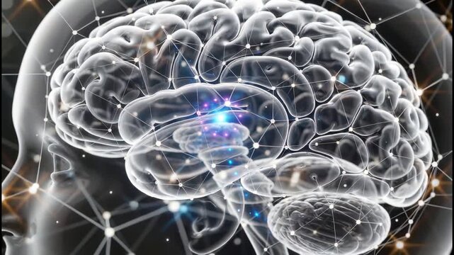 Digital illustration shows a glowing human brain with active neural network connections against a dark background, representing intelligence and technology