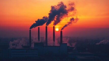 Industrial Smokestacks at Sunset