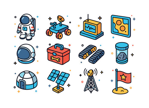 Moon Exploration Icons. Moon exploration. Colorful isometric vec