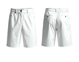 Crisp white knee-length shorts, front and back view, clean design