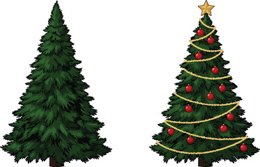 Two green pine trees one undecorated and one decorated with red baubles and gold garland