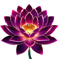 Glowing Purple and Magenta Lotus with Neon Edges and Radiant Golden Core on White Background