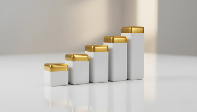 3D Rendered Business Growth Background with White and Gold Bar Charts Rising on Clean Surface