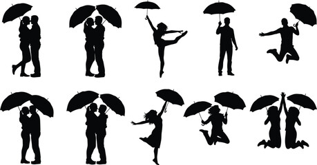 Silhouettes of couples and individuals with umbrellas in various romantic and joyful poses