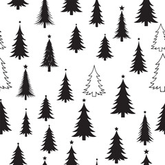Fototapeta premium Black and white Christmas trees with stars pattern on white background