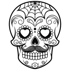 Fancy Moustache Calavera Head Outline Graphic Hand Drawn Look