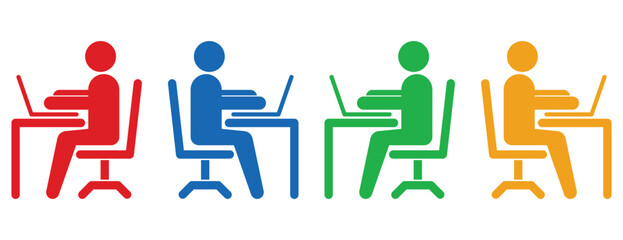 People working on laptop computers at desks, colorful icon set for office workers and students