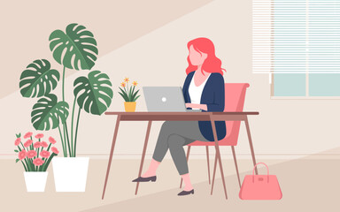 A serene scene of a woman focused on her work in a cozy home office surrounded by plants and flowers, exemplifying productivity, comfort, and modern workspace aesthetics.