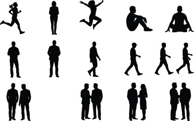 Collection of black human silhouettes in various poses and activities people woman 1