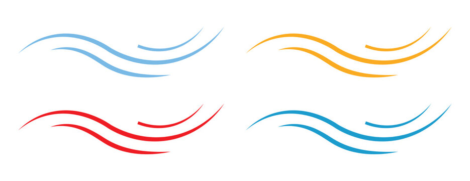 Wavy air flow and scent icon set, colorful line symbols for aroma and wind movement
