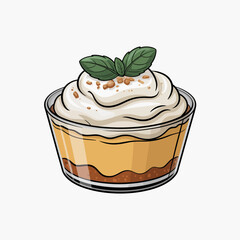 An inviting dessert served in a glass cup, featuring creamy layers topped with whipped cream and a sprig of fresh mint, ideal for satisfying sweet cravings on any occasion.