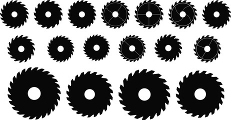Collection of black circular saw blades with sharp teeth and central holes cutting tool