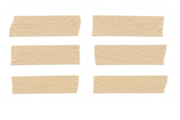 Adhesive tape pieces creating sticky note elements, brown paper sticker collection for holding messages, transparent background