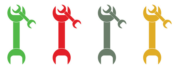 wrench tools and repair symbols, four colorful icons for service and engineering