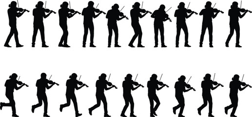 Black silhouettes of a person playing the violin in various poses and movements musician