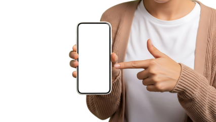 Person holding smartphone with blank white screen and pointing at it on transparent background