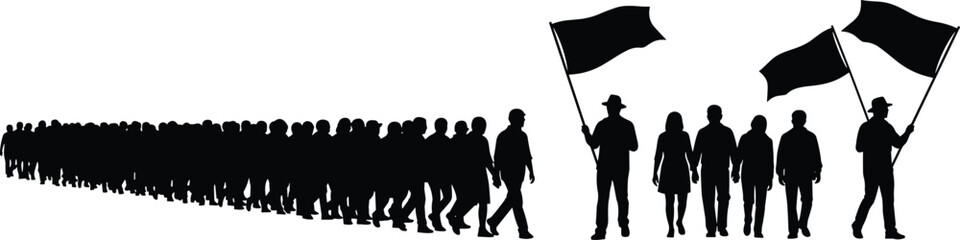 Black silhouettes of a large crowd marching with black flags people protest