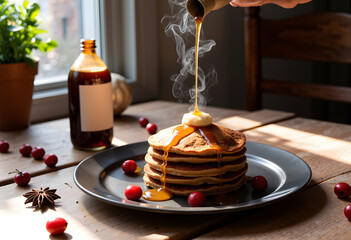 Hand pouring syrup on steaming hot pancakes stack on sunny wooden table
