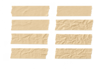 Set of beige ripped and wrinkled masking tape strips. Ideal for adding texture or creating frames, with a transparent background