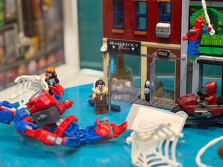 Fototapeta premium Colorful lego superhero scene with action figures