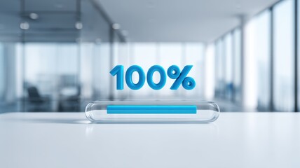 management operations goal-setting. Loading bar displaying 100% completion in a modern office setting.