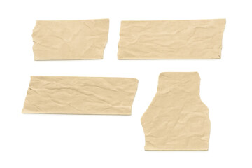 Fototapeta premium Beige masking tape pieces collection in various shapes with crumpled texture, creating realistic adhesive strip elements