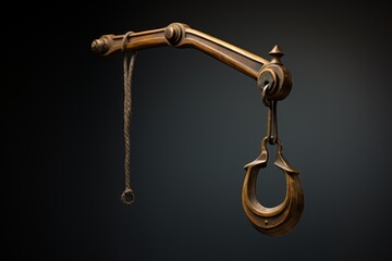 Old brass steelyard balance hanging with rope on dark background, representing measurement and weight