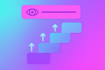 Obraz premium Abstract representation of growth and vision with a gradient background featuring an eye icon and ascending staircase patterns symbolizing progress and insight