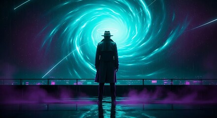 Cyberpunk figure observes swirling galaxy with neon highlights background