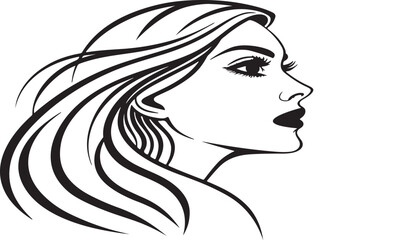 Silhouette of a woman with long wavy hair facing right in black and white art