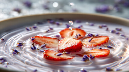 A tranquil moment: strawberries and lavender in a milky bath, a symphony of flavors and scents, captured with a single falling drop.