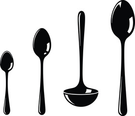 Spoon silhouette illustration, kitchen utensils, teaspoon, dessert spoon, ladle, tablespoon, culinary tools, black vector, cooking design, utensil comparison