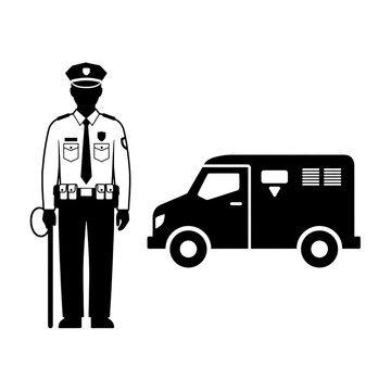 Security guard with armored car isolated on transparent background