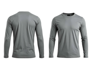 Two grey long-sleeved shirts, front and back views