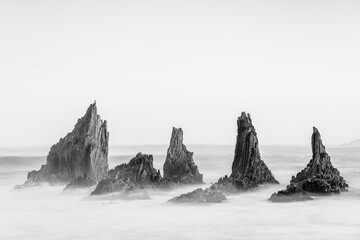 Photograph of the iconic rock formations of Gueirua Beach in Asturias, with a seagull perched on...