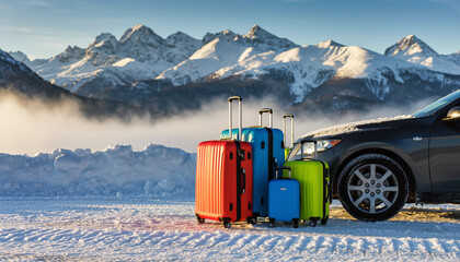 Suitcases by car, winter mountain scenery, snow-covered peaks.