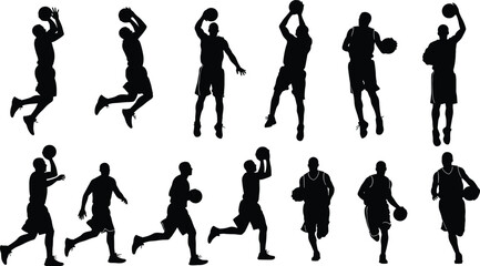 Basketball, silhouette, player, action, pose, jump, dribble, run, shoot, sport, dynamic, athletic, black, white, movement, skill, game, male, illustration, performance
