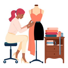 A fashion designer carefully tailoring an elegant dress on a mannequin, showcasing the art of design and creativity in fashion with vibrant fabrics and attention to detail.