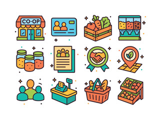 Co-op Icon Collection. Food cooperatives. Colorful isometric vec