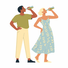 A fashionable couple is seen sipping drinks while enjoying a sunny day, radiating relaxation and connection, showcasing modern social interactions in a light-hearted manner.