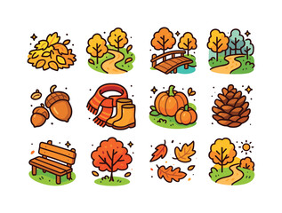 Fototapeta premium Autumn Forest Icons. Autumn forest trails. Colorful isometric ve