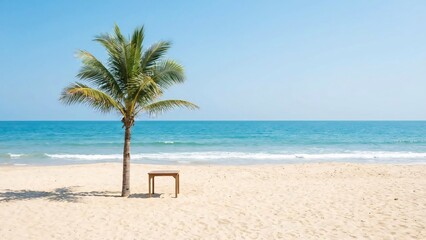 Obraz premium Tropical beach with a lone palm tree wooden table and calm ocean waves under a clear blue sky